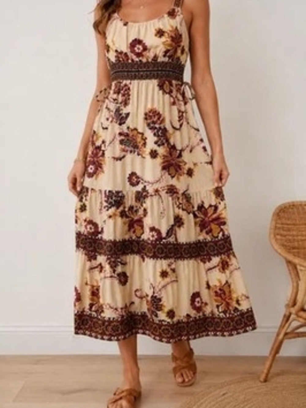 Lucky Brand Floral Boho Maxi Dress Size Small Adjustable Straps Tiered